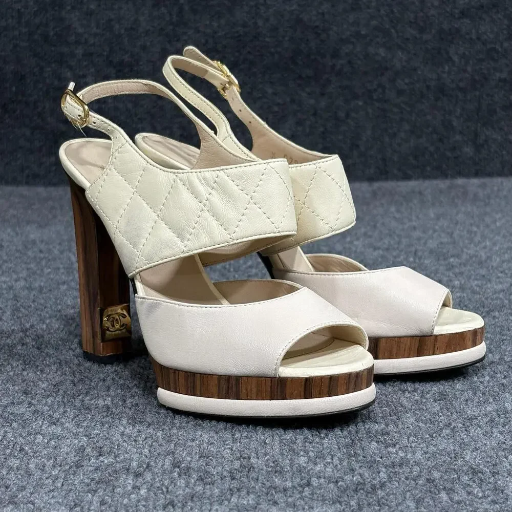 Chanel Platform Sandals Womens 36 White Matelasse Quilted Slingback Heel Italy